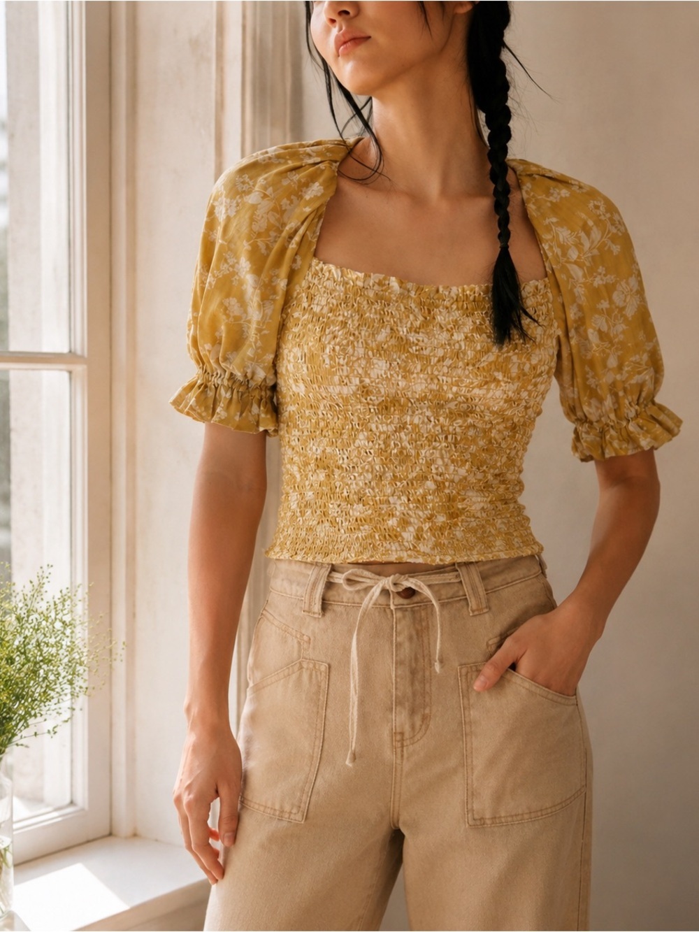 Anthropologie Puff Sleeve Smocked Crop Top Seersucker Cottagecore Boho Summer
